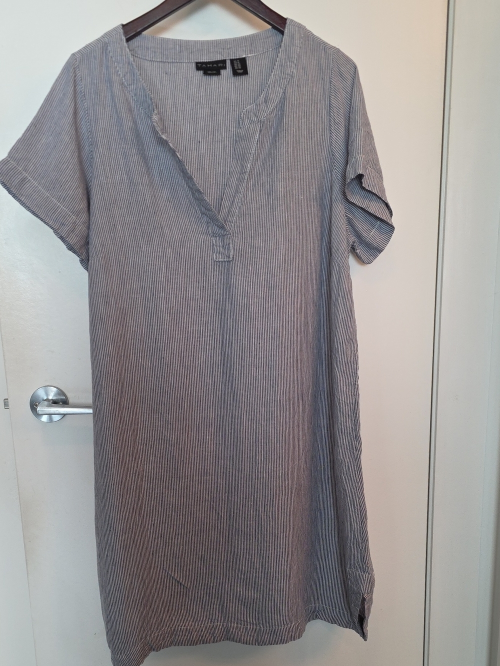 Tahari Navy and White Pinstripe Linen Tunic
